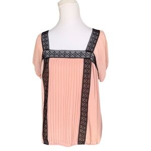 VTG Studio M Pleated Lace Trim Blouse Square Neck Short Sleeve AM07X34 Womens M